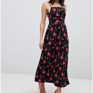 ASOS Red Floral Black Midi Dress Size 14 Slip